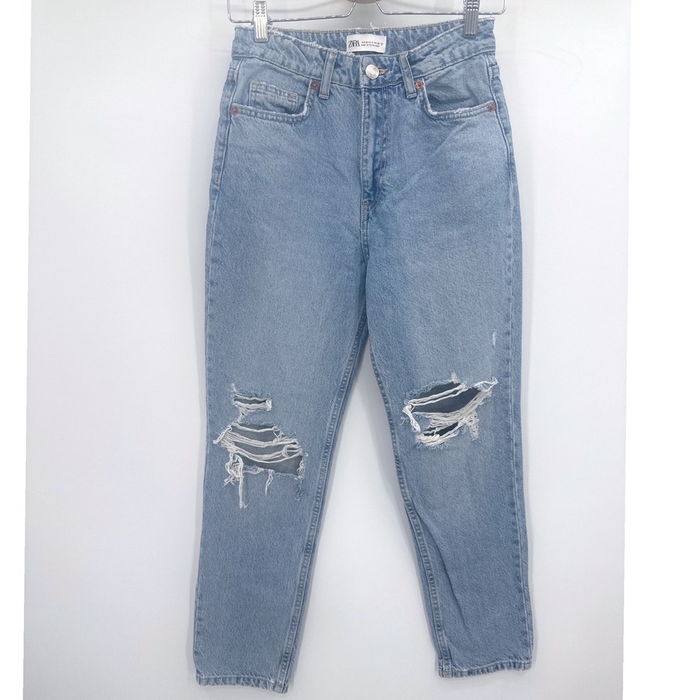 Zara Womens Mom Jeans Size 4 Blue Distressed Light Wash Denim